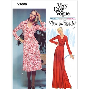 May include: A vintage sewing pattern for a wrap dress, designed by Diane Von Furstenberg. The pattern shows two versions of the dress, one in a red and white print and the other in solid red. The pattern is labeled "Very Easy Vogue" and "American Designer Original".