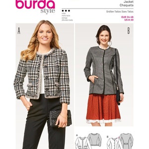 May include: A sewing pattern for a jacket with two different styles. The pattern is for sizes EUR 34-46 and US 8-20. The pattern is called "burda style" and the number is 6465.