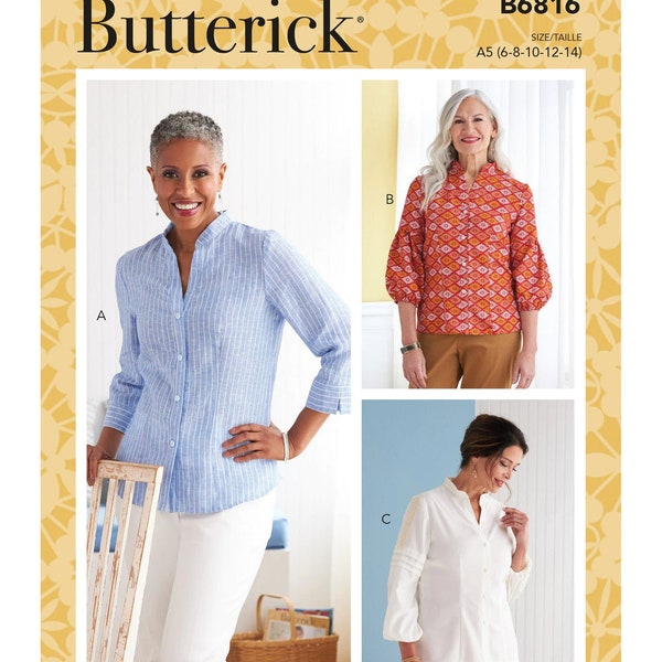 Sewing Pattern for Women's Tops, Button Front Tops, Puff Sleeve Top Pattern, Butterick 6816, Size 6-14 and 14-22, Uncut FF
