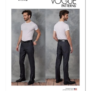 May include: Vogue Patterns V1915 sewing pattern for jeans. The pattern shows a model wearing a white t-shirt and dark blue jeans with a split hem.