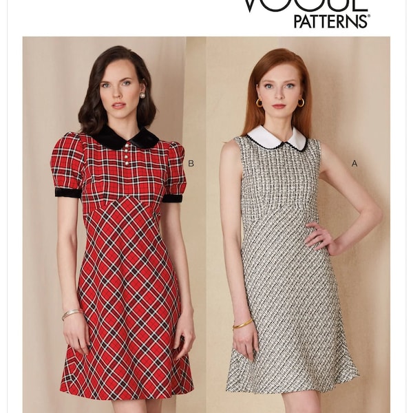 Vogue Sewing Pattern for Women's Dress, Puff Sleeve Dress, Peter Pan Collar, Queens Gambit Dress, New Vogue 1822, Size 8-16 and 16-24, Uncut