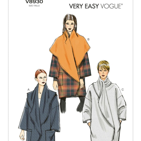 Modèle de couture Vogue pour veste femme, veste col châle, veste surdimensionnée, veste portefeuille, Vogue 8930, taille XS-M et L-XXL, FF non coupé