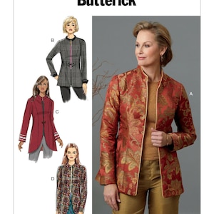 May include: A sewing pattern for a jacket with four different variations. The pattern is called Butterick B6602. The jacket is shown in four different styles, including a red floral print, a black and white plaid, a solid red, and a paisley print.