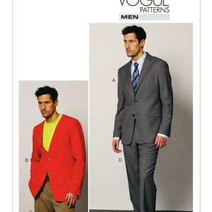 May include: A sewing pattern for a suit jacket and pants. The pattern is from Vogue Patterns and is for men. The pattern number is V8890. The image shows two models wearing the suit. One model is wearing a red blazer with a yellow shirt and brown shorts. The other model is wearing a gray suit jacket and pants with a blue and white striped shirt.