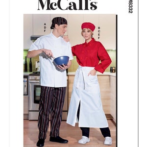 May include: McCall's pattern M8332 features chef attire. The image shows a man in a white chef's coat and striped pants, and a woman in a red chef's coat and white apron. The pattern is designed and printed in the USA.