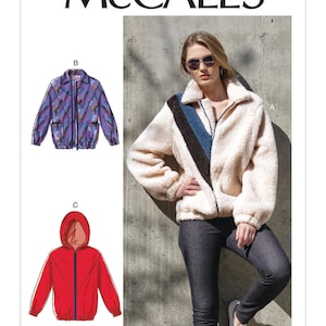 May include: A sewing pattern for a jacket with three different styles. The first style is a white jacket with a black and blue stripe design. The second style is a purple and blue patterned jacket. The third style is a red jacket with a hood. The pattern number is M8019.