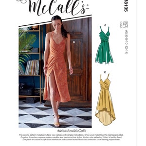 Sewing Pattern for Women's Dress, Faux Wrap Dress, Summer Dress Pattern, Asymmetrical Dress, McCalls 8105, Size 6-14 and 16-24, Uncut and FF