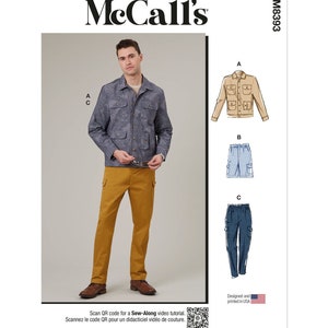 May include: McCall's sewing pattern M8393 featuring a man wearing a patterned jacket and mustard-colored pants. The pattern also includes illustrations of a tan jacket, blue shorts, and navy pants. The text reads "Scan QR code for a Sew-Along video tutorial."