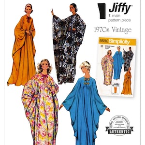 May include: Simplicity sewing pattern S3179, featuring vintage 1970s caftan designs. The image showcases various caftans in different colors and patterns, including floral and solid options. The pattern includes the text "Jiffy" and "easy-to-sew."