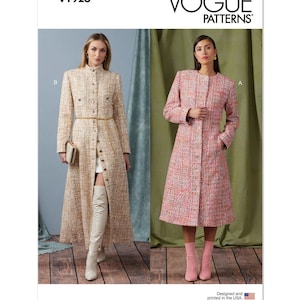 以下が含まれることがあります： ヴォーグパターンV1926は、ボタン留めと襟のある長袖のコートの裁縫パターンです。このパターンには、ベルト付きのロングコートと、よりフィットしたシルエットのショートコートの2つのバリエーションが含まれています。コートは、ベージュのツイードとピンクのツイードの2種類の生地で示されています。