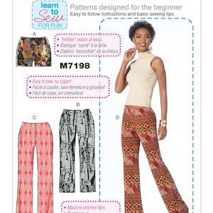 May include: McCall's M7198 sewing pattern for pants and shorts. The envelope features illustrations of four variations: shorts with a multi-colored print, pants with a pink diamond pattern, black and white striped pants, and patterned pants.