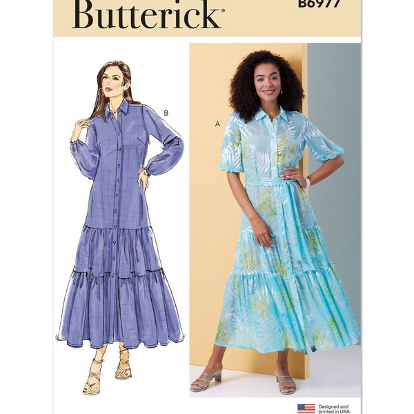 Schnittmuster für Damenkleid, Hemdkleid, Sommerkleid, Stufenkleid, Kleid mit Knopfleiste vorne, Maxikleid, Butterick 6977, Größe 6-14 16-24