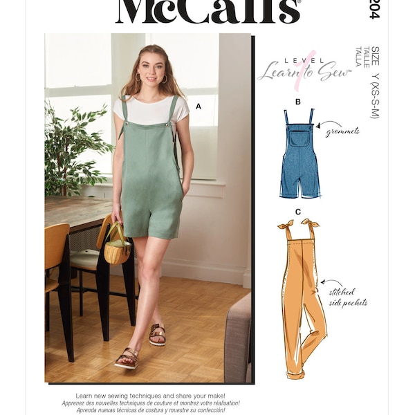 Sewing Pattern for Womens Overalls, Romper Pattern, Tie Shoulder Jumpsuit, Learn to Sew McCalls 8204, Size XS-M and L-XXL, Uncut FF