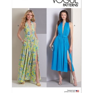May include: Vogue Patterns sewing pattern featuring two halter dresses with high slits. One dress is a vibrant blue, the other a floral print with yellow and blue hues. The pattern includes the text "V1953" and "VOGUE PATTERNS."