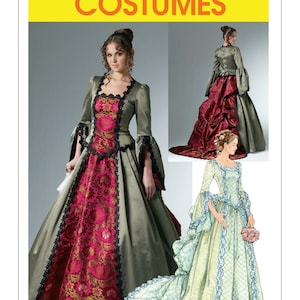 May include: McCall's Costumes pattern featuring three elegant gowns. The main dress is olive green with a pink and gold floral bodice and black lace trim. The other gowns are red and light green with blue accents.