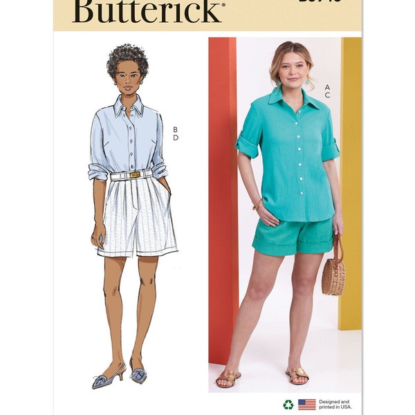 Sewing Pattern for Womens Tops and Shorts, Button Front Tops, High Waisted Shorts, Collared Shirt, Butterick 6946, Size 4-12 12-20, Uncut