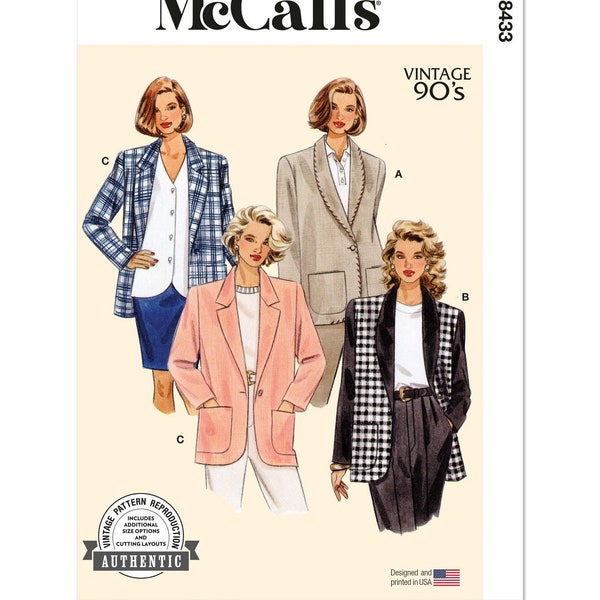 Sewing Pattern for Womens Jacket, Blazer Jacket, Oversized Jacket, Womens Blazer, 90s Jacket, McCalls 8433, Size 8-16 16-24, Uncut