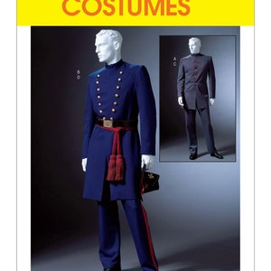 May include: A McCall's Costumes sewing pattern for a historical military uniform. The pattern includes a long coat with a high collar, a sash, and pants with a red stripe down the side. The pattern is illustrated with a mannequin wearing the completed outfit.