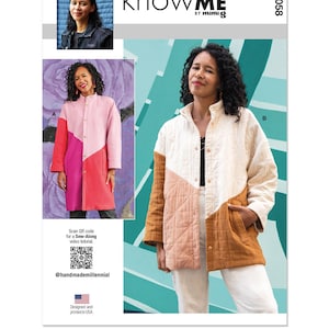 May include: A sewing pattern for a quilted jacket with a color-blocked design. The pattern is called "knowME" by mimig and has a scannable QR code for a sew-along video tutorial. The pattern is designed and printed in the USA.