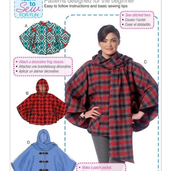 Sewing Pattern for Womens Cape Jacket, Hooded Poncho, Button Front Jacket, Learn to Sew McCalls 7202, Size XS-M L-XXL, Uncut FF