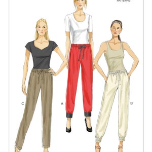 May include: A sewing pattern envelope labeled V8909 Very Easy Vogue Patterns featuring illustrations of three outfits. Each outfit includes a top and pants with an elasticized drawstring waist. The pants vary in length and cuff style.