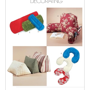 May include: A sewing pattern for making various pillows, including a reading pillow, neck pillows, and bolster pillows. The pattern includes instructions for making pillows in different fabrics and colours, such as red, green, blue, and white.