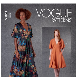 May include: Vogue Patterns sewing pattern for a dress with a deep V-neckline and short sleeves. The pattern includes two variations: one with a floral print and one in a solid orange color. The pattern is designed and printed in the USA.