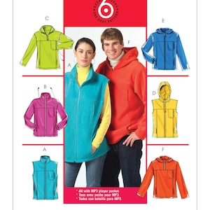 May include: A sewing pattern for six different styles of jackets and vests. The pattern includes a hooded jacket, a vest, and a jacket with a zippered pocket. The pattern is for sizes 6-14. All with MP3 player pocket. Tous avec poche pour MP3. Todos con bolsillo para MP3.
