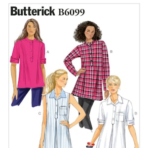 May include: A sewing pattern for four different styles of shirts. The pattern is called Butterick B6099. The shirts are shown in pink, plaid, striped, and white.