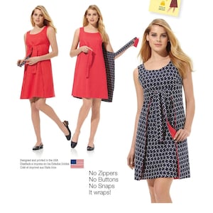 May include: Simplicity Jiffy pattern 1356. The image shows three women modeling dresses. The dresses are red and navy blue with white star patterns. The pattern is simple to sew using three main pattern pieces. The text says, "No Zippers, No Buttons, No Snaps, It wraps!"