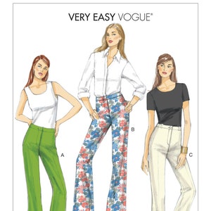 May include: Illustration of three women modeling different styles of pants. The image includes the text "VERY EASY VOGUE" and "CUSTOMFITBOTTOMS". The pants are paired with various tops, including a white tank top, a white button-down shirt, and a black t-shirt.
