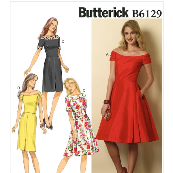 Sewing Pattern for Women's Dress, Off Shoulder Dress, Formal Dress Pattern, Fit and Flare Dress, Size 6-14 and 14-22, Butterick 6129, Uncut