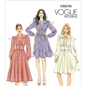 May include: A sewing pattern for a dress with three different variations. The dress has a fitted bodice, a gathered skirt, and long sleeves. The pattern is from Vogue Patterns and is labeled V9076.