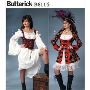 May include: Butterick B6114 pattern featuring two costume designs. One is a white dress with a red and black corset. The other is a black, red, and floral patterned pirate-style coat and dress with a lace trim. Both outfits are paired with black boots.