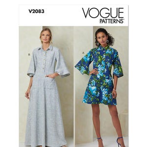 May include: Vogue Patterns sewing pattern for a dress with two variations. The dress on the left is a long, white and blue checked dress with a button-up front and 3/4 sleeves. The dress on the right is a short, blue floral dress with a button-up front and 3/4 sleeves. The pattern number is V2083. Designed and printed in the USA.
