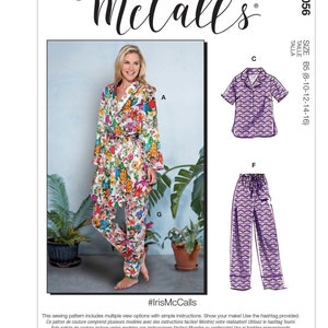 May include: A sewing pattern for a pajama set with a floral print top and pants, a solid purple top with short sleeves, and solid purple pants. The pattern includes multiple view options with simple instructions. The pattern number is M8056 and the size is B5 (8-10-12-14-16). The hashtag #IrisMcCalls is included.
