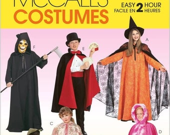 May include: McCall's Costumes pattern M7224 showing several Halloween costume designs. Includes a Grim Reaper, magician, witch, Little Red Riding Hood, and other children's costumes. The pattern is marked as easy and can be completed in 2 hours.