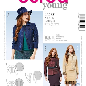 May include: A Burda Young sewing pattern featuring jacket designs. The pattern includes illustrations of jackets in various styles and sizes. The image shows a woman wearing a blue jacket and hat. The pattern includes sizes 32-44 EUR and 6-18 US.