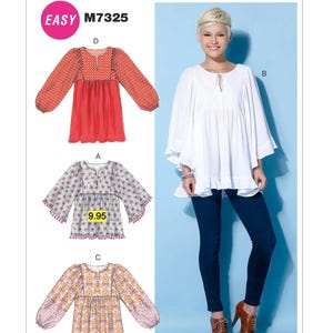Easy Sewing Pattern for Women's Tops, Boho Tops, Pullover Tops, Kimono Sleeve Tops, McCall's 7325 MP205, Size XS-M and L-XXL, Uncut FF