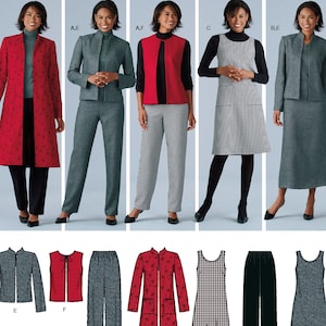 Puede incluir: Patrón Simplicity 4789, con elementos de vestuario fáciles de coser. La imagen muestra varios conjuntos de mujer, incluyendo un abrigo rojo con estampado floral, un traje gris, un chaleco rojo con pantalón gris, un vestido a cuadros blanco y negro y un traje de falda gris.