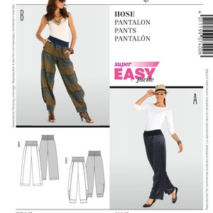 May include: A sewing pattern from Burda Style features two pairs of pants. The pattern includes the words "HOSE, PANTALON, PANTS, PANTALÓN" and "super EASY facile". The pattern includes sizes 8/10 to 32/34.