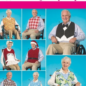 May include: A sewing pattern for making bibs or vests. The pattern includes nine different designs, including a plaid bib, a floral bib, a Santa bib, and a tuxedo bib. The pattern is by Simplicity and is number 2687.