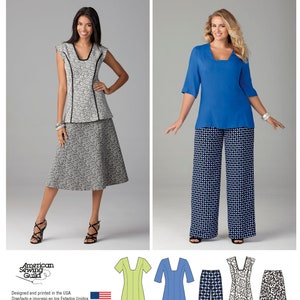 May include: Simplicity pattern 1431 features sewing instructions for a sleeveless top with contrast trim, a skirt, a blue three-quarter sleeve top, and wide-leg trousers. The pattern includes technical line drawings for four distinct garment variations.