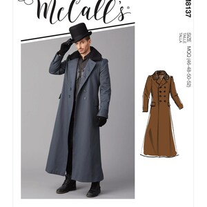 May include: McCall's M8137 sewing pattern features a long, double-breasted coat with a faux fur collar. The image shows a man wearing the coat, along with a line drawing of the coat. The pattern includes size information.