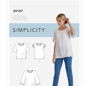 May include: Simplicity sewing pattern S9107. The pattern includes diagrams of tops with different sleeve lengths and pocket details. The model is wearing a white top and blue jeans. The pattern size is XS-XXL.
