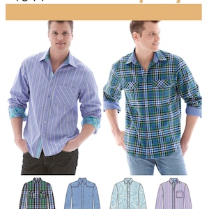 May include: A Simplicity sewing pattern featuring men's shirts. The shirts include a blue and white striped shirt with paisley cuffs, and a green and blue plaid shirt. The pattern also shows shirt variations with different designs.