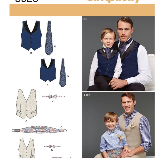 Sewing Pattern for Mens and Boys Vests and Ties, Mens Vest, Necktie, Formal Vest, Simplicity 8023, Size Boys S-L S-XL, Uncut FF