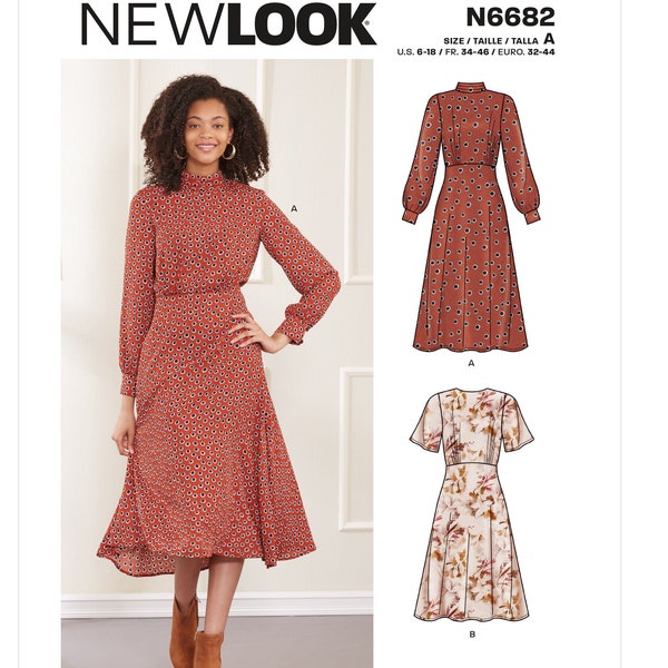 Sewing Pattern for Womens Dress, Long Sleeve Dress, Midi Dress, Winter Dress, Mock Neck Dress, New Look 6682, Size 6-18, Uncut FF