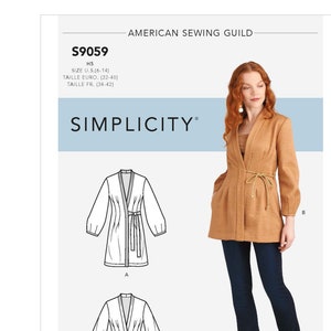 May include: A Simplicity sewing pattern envelope S9059 for a jacket with a shawl collar, long sleeves, and a tie waist. The cover features the American Sewing Guild logo, size information, and a photograph of a tan jacket worn with dark blue pants.