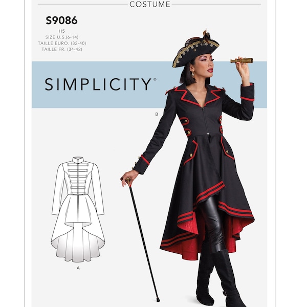 Sewing Pattern for Women's Steampunk Cosplay Costume, Long Peplum Jacket, Costume Jacket, Halloween, Simplicity 9086 11595, Size 6-14 14-22